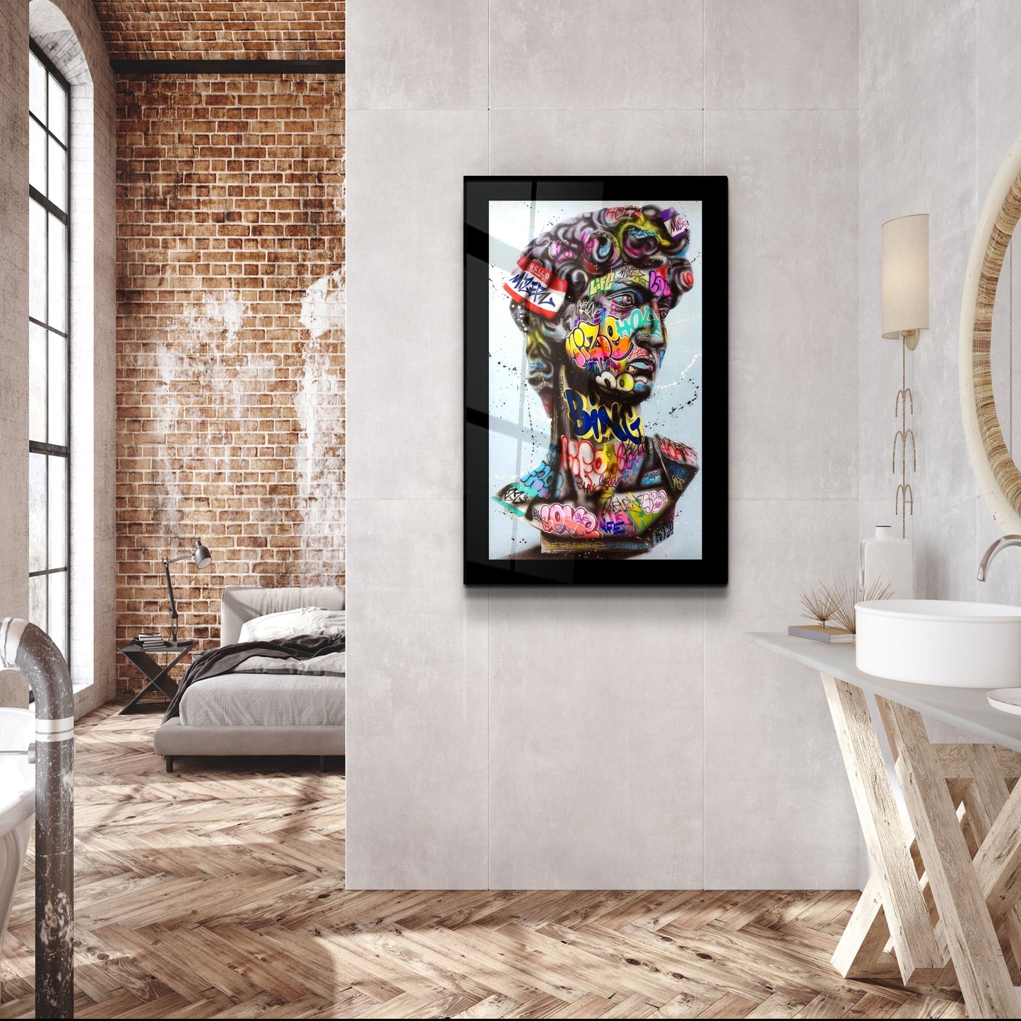 Bordered Statue Pop Art - Designer's Collection Glass Wall Art