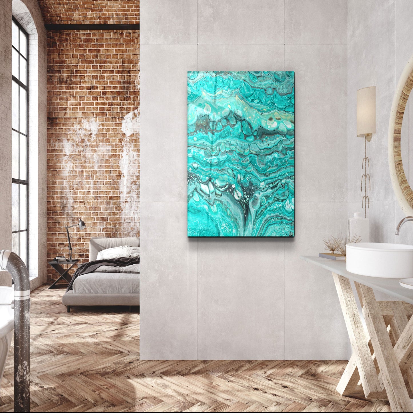Abstract Turquoise Ink Drops - Designer's Collection Glass Wall Art