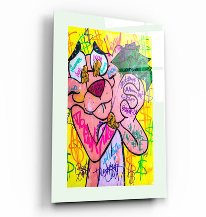 Pink Panther - Retro Painting - Designer's Collection Glass Wall Art