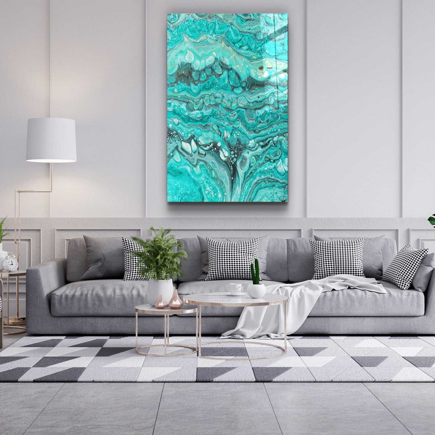Abstract Turquoise Ink Drops - Designer's Collection Glass Wall Art