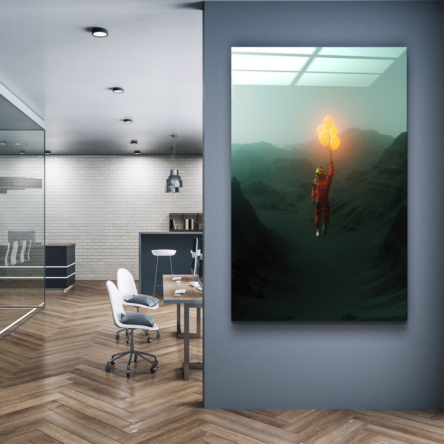 Flying Astronaut with Balloons - Designer's Collection Glass Wall Art
