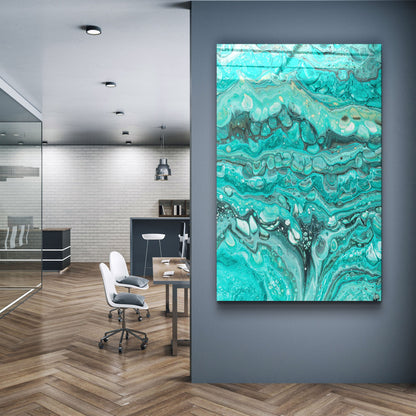 Abstract Turquoise Ink Drops - Designer's Collection Glass Wall Art